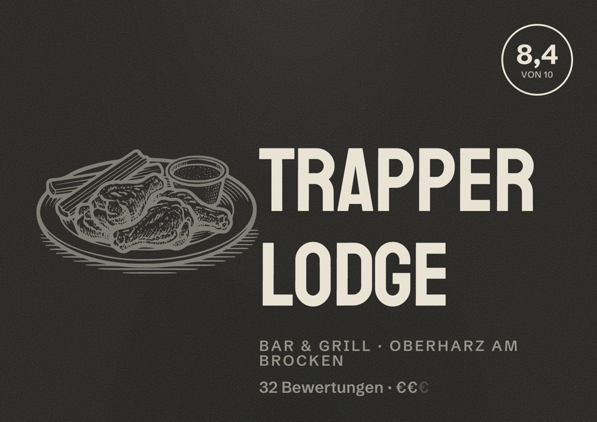 Illustriertes Poster von Trapper Lodge, Bar & Grill in Oberharz am Brocken: Bewertung 8,4 von 10 aus 32 Bewertungen, Preisniveau €€
