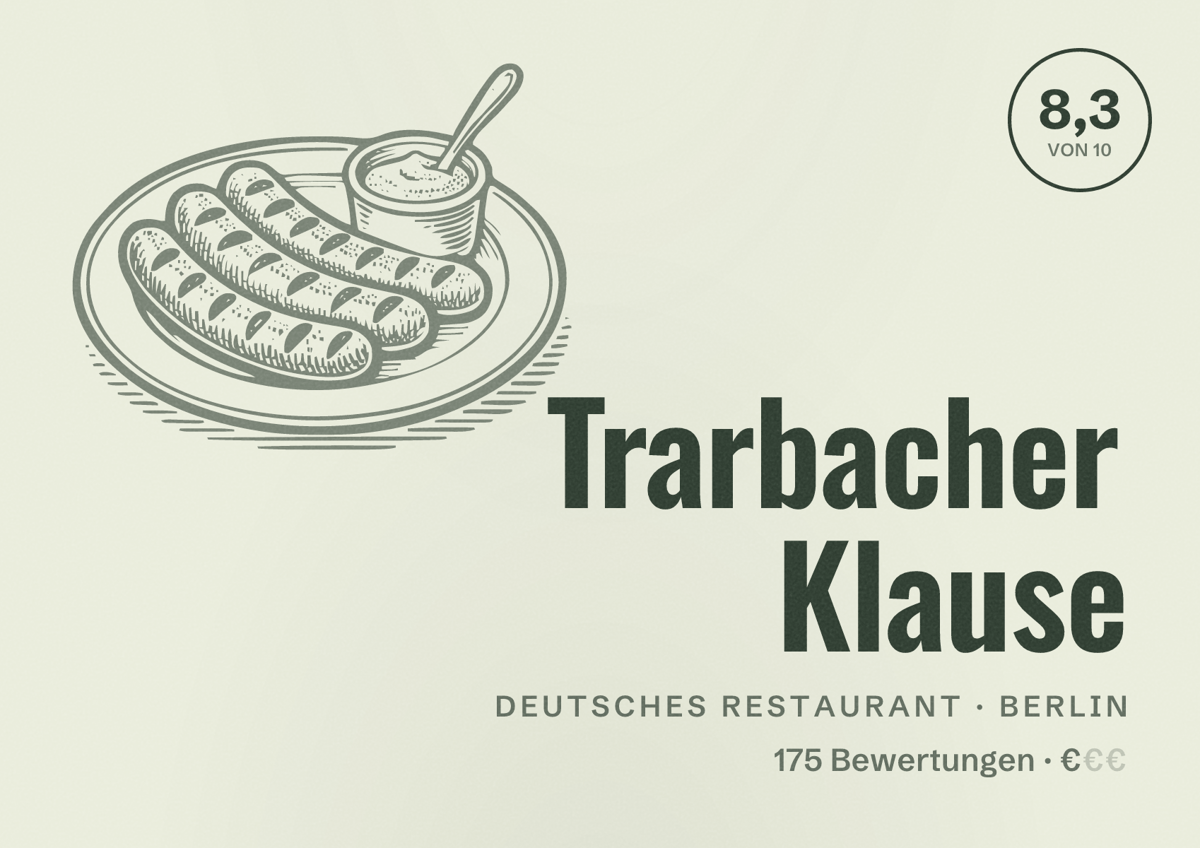 Illustriertes Poster von Trarbacher Klause, Deutsches Restaurant in Berlin: Bewertung 8,3 von 10 aus 175 Bewertungen, Preisniveau €