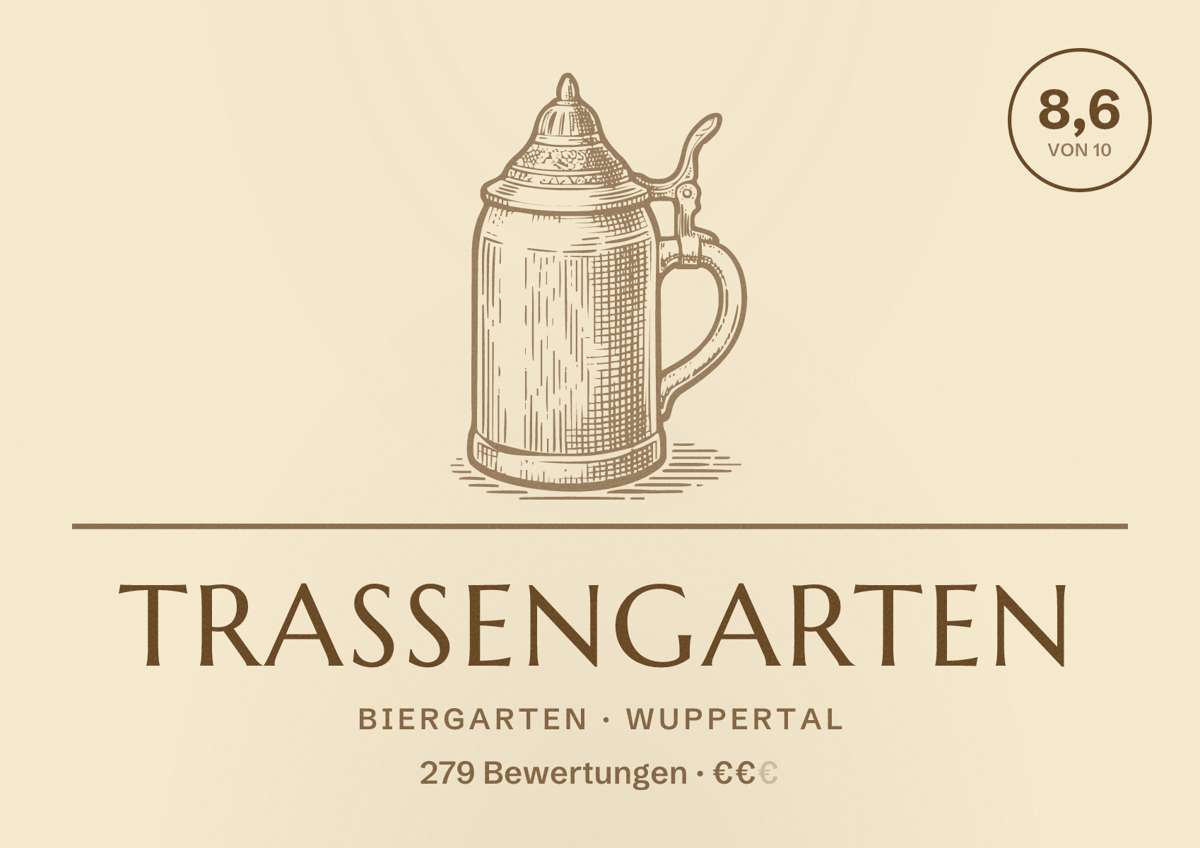 Illustriertes Poster von Trassengarten, Biergarten in Wuppertal: Bewertung 8,6 von 10 aus 279 Bewertungen, Preisniveau €€