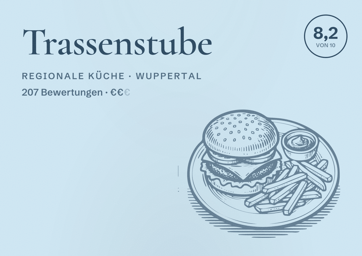 Illustriertes Poster von Trassenstube, Regionale Küche in Wuppertal: Bewertung 8,2 von 10 aus 207 Bewertungen, Preisniveau €€