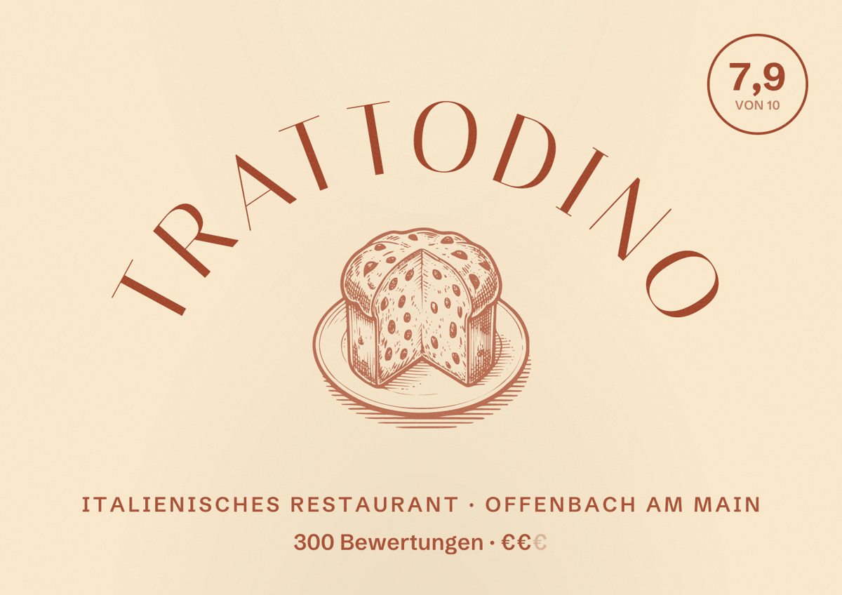Illustriertes Poster von Trattodino, Italienisches Restaurant in Offenbach am Main: Bewertung 7,9 von 10 aus 300 Bewertungen, Preisniveau €€