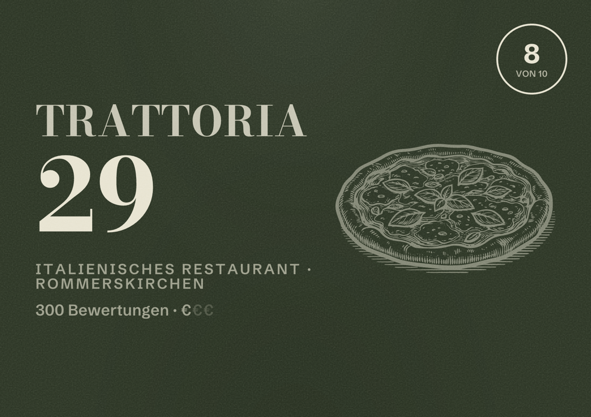 Illustriertes Poster von Trattoria 29, Italienisches Restaurant in Rommerskirchen: Bewertung 8 von 10 aus 300 Bewertungen, Preisniveau €