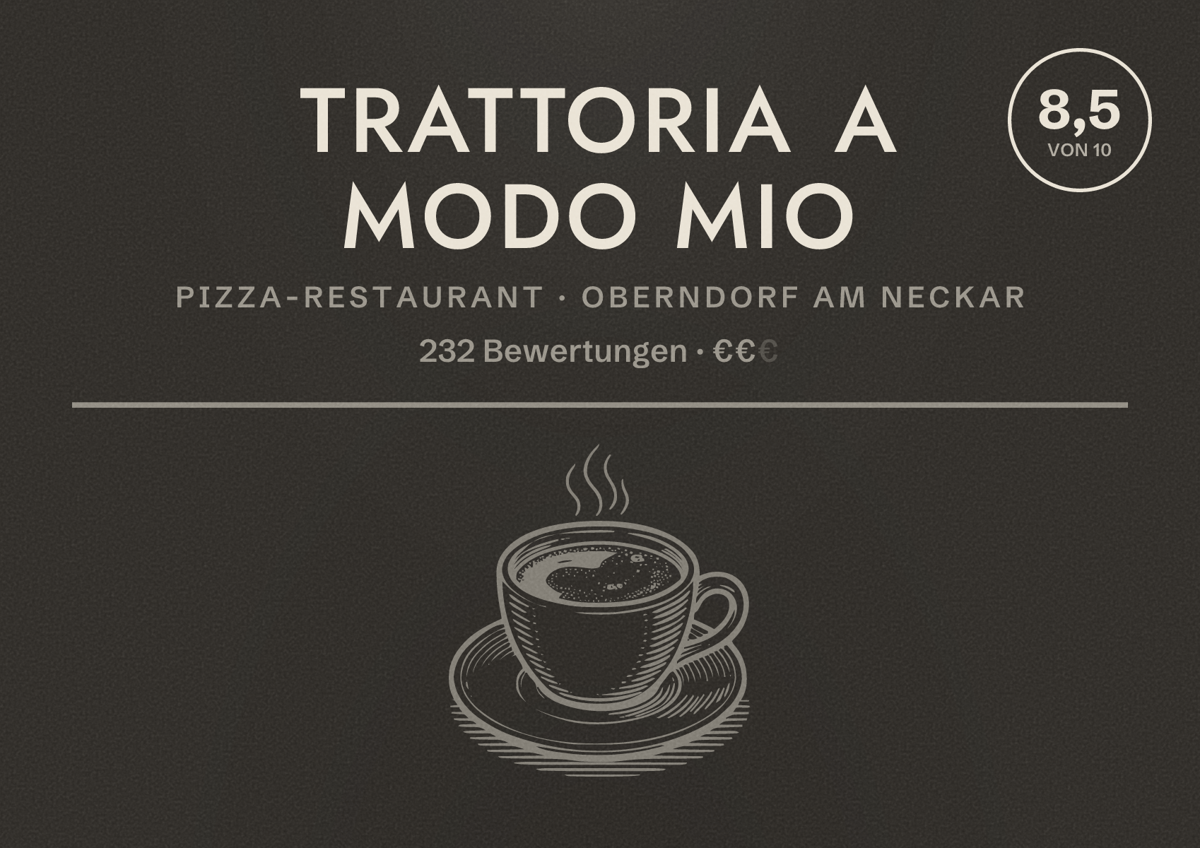 Illustriertes Poster von Trattoria a modo mio, Pizza-Restaurant in Oberndorf am Neckar: Bewertung 8,5 von 10 aus 232 Bewertungen, Preisniveau €€