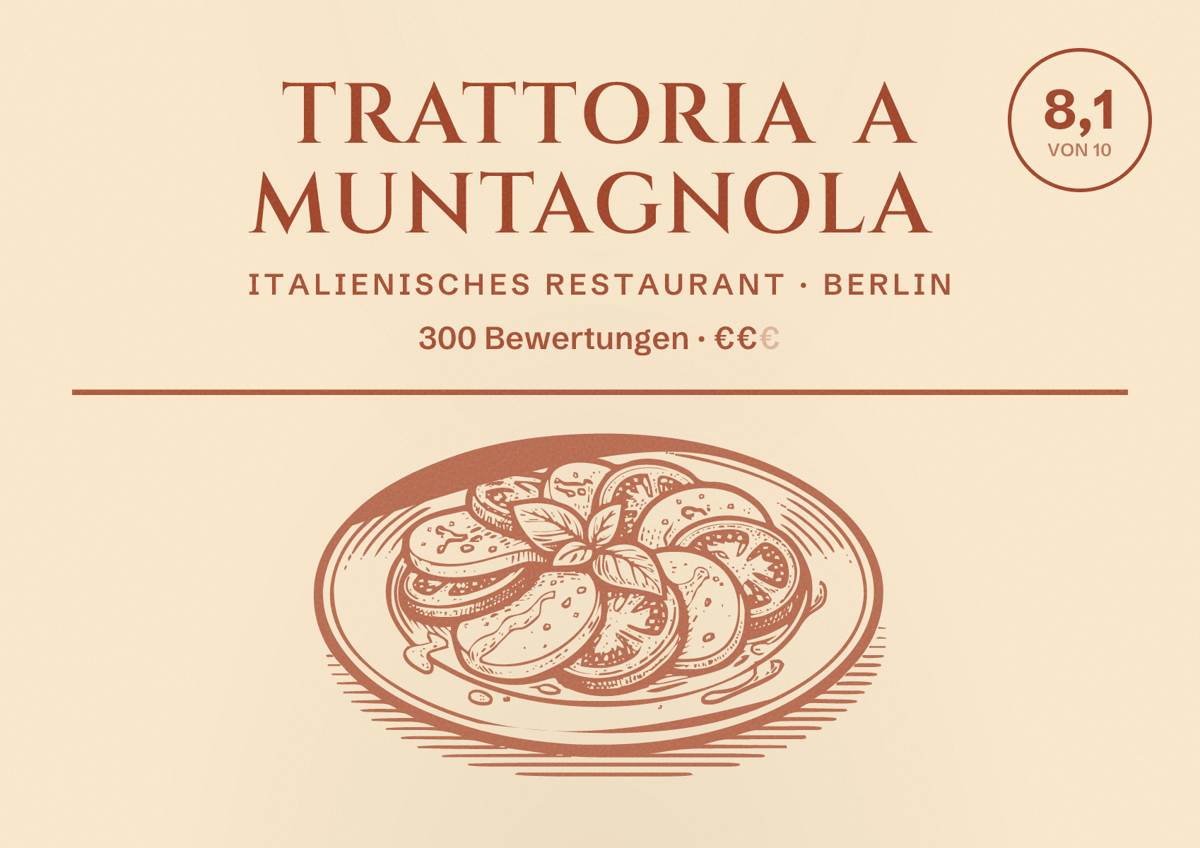 Illustriertes Poster von Trattoria a muntagnola, Italienisches Restaurant in Berlin: Bewertung 8,1 von 10 aus 300 Bewertungen, Preisniveau €€