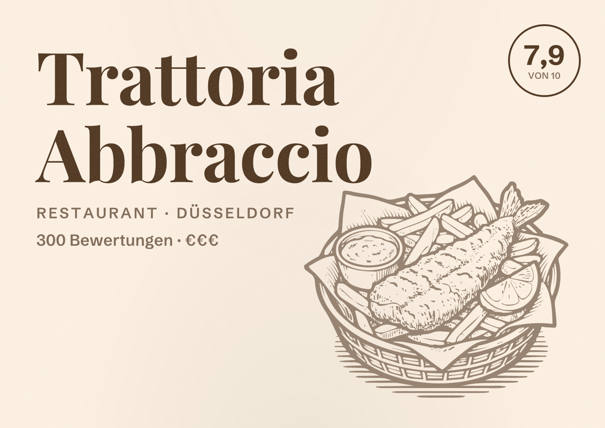 Illustriertes Poster von Trattoria Abbraccio, Restaurant in Düsseldorf: Bewertung 7,9 von 10 aus 300 Bewertungen, Preisniveau €€€
