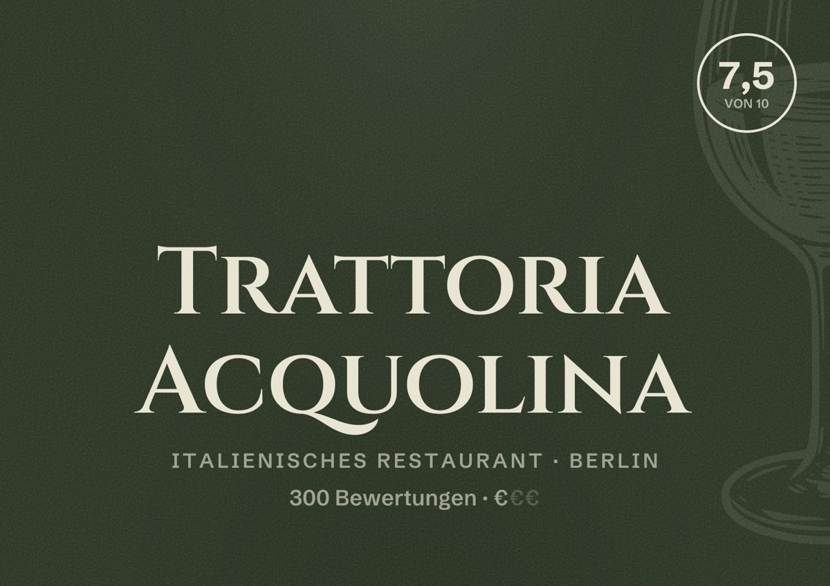 Illustriertes Poster von Trattoria Acquolina, Italienisches Restaurant in Berlin: Bewertung 7,5 von 10 aus 300 Bewertungen, Preisniveau €