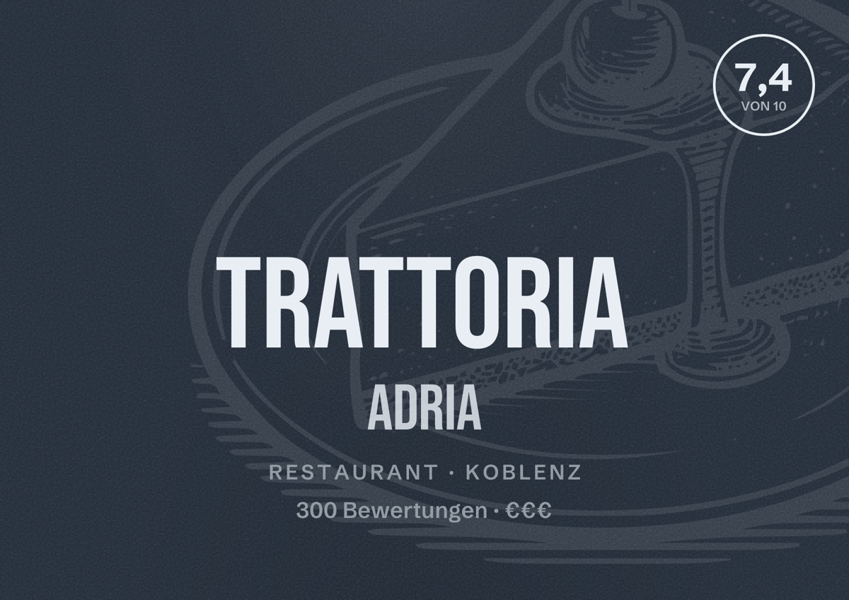 Illustriertes Poster von Trattoria Adria, Restaurant in Koblenz: Bewertung 7,4 von 10 aus 300 Bewertungen, Preisniveau €€€