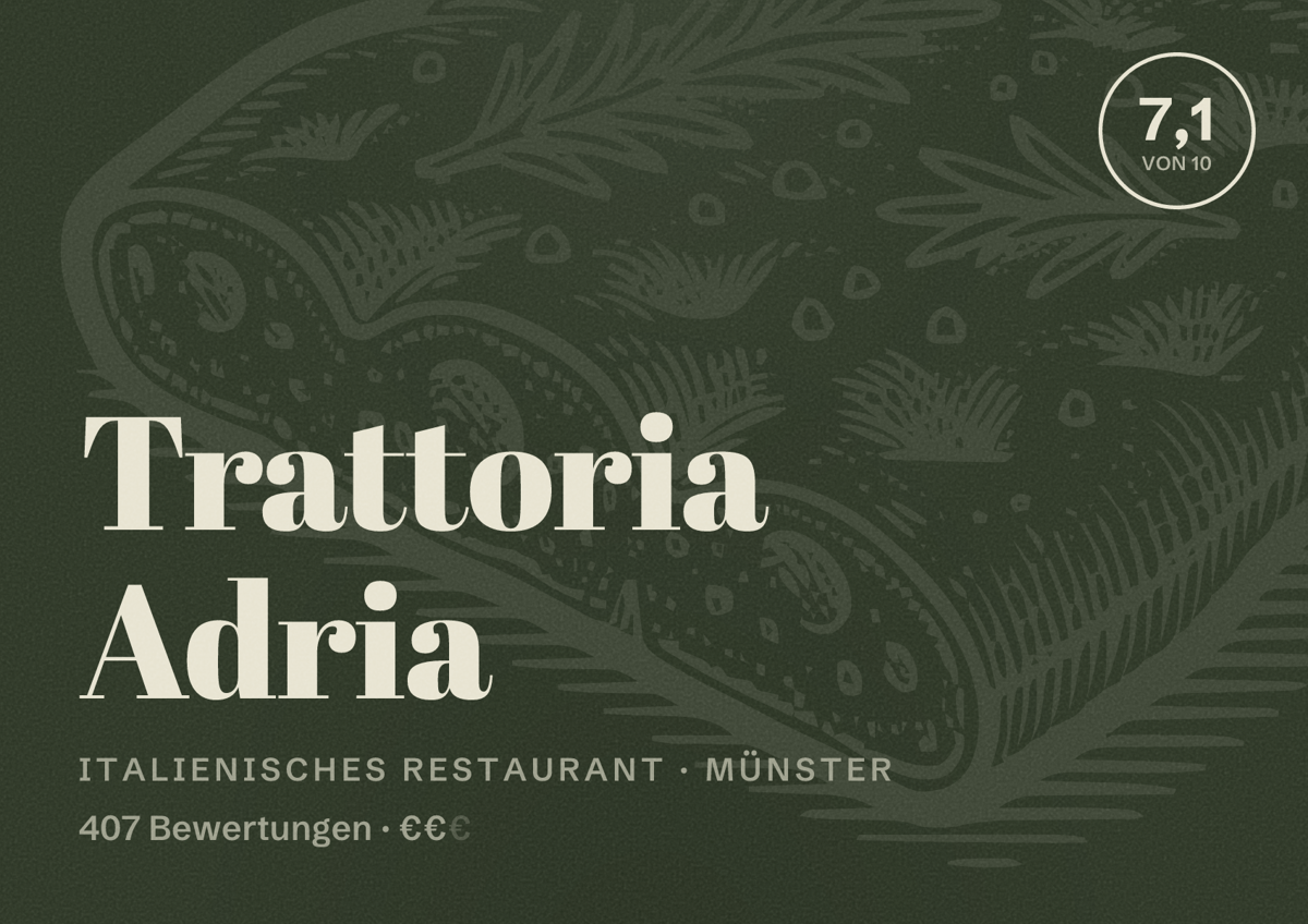 Illustriertes Poster von Trattoria Adria, Italienisches Restaurant in Münster: Bewertung 7,1 von 10 aus 407 Bewertungen, Preisniveau €€