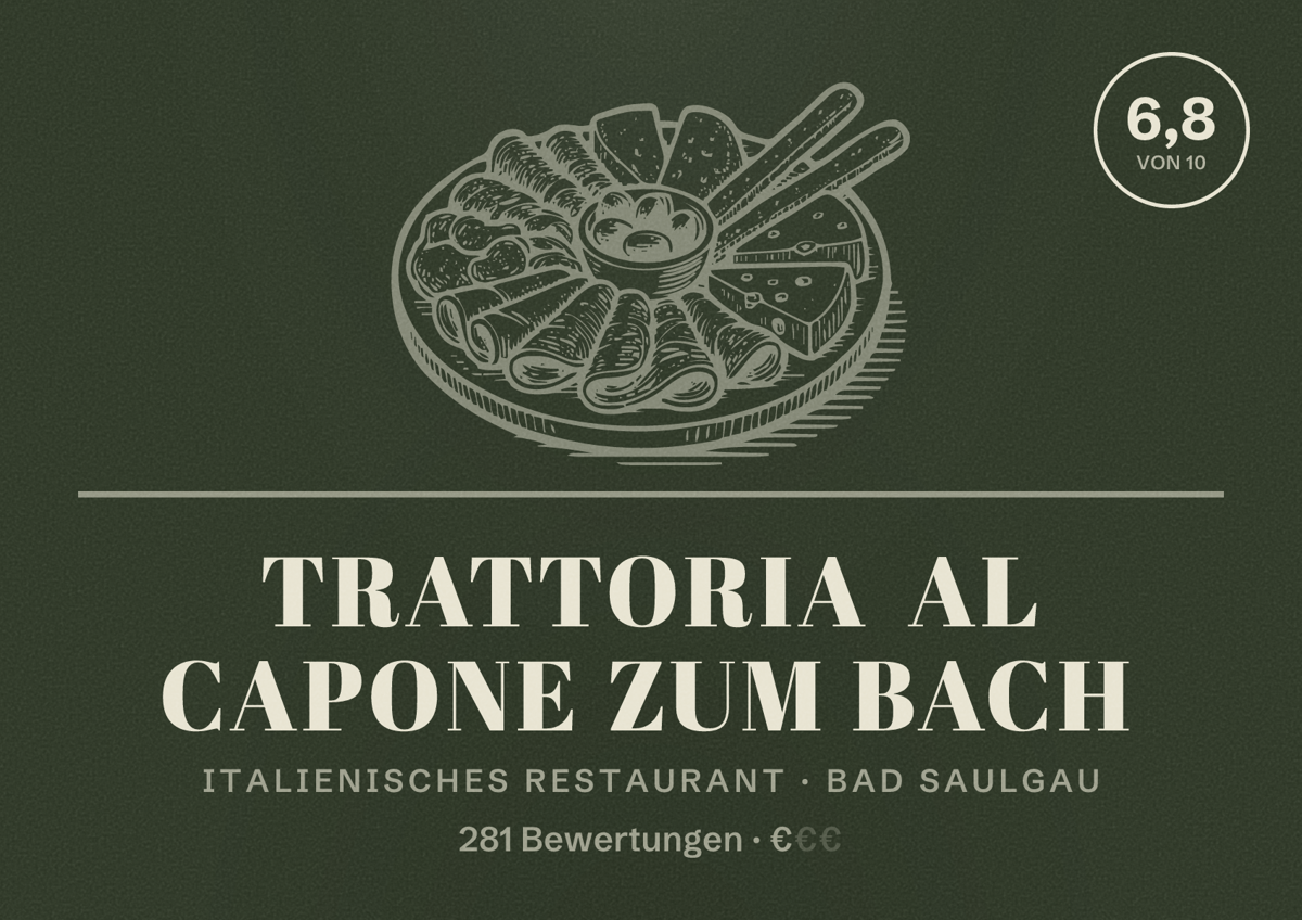 Illustriertes Poster von Trattoria Al Capone zum Bach, Italienisches Restaurant in Bad Saulgau: Bewertung 6,8 von 10 aus 281 Bewertungen, Preisniveau €
