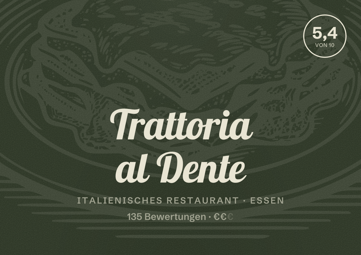 Illustriertes Poster von Trattoria al Dente, Italienisches Restaurant in Essen: Gästebewertung 5,4 von 10 aus 135 Bewertungen