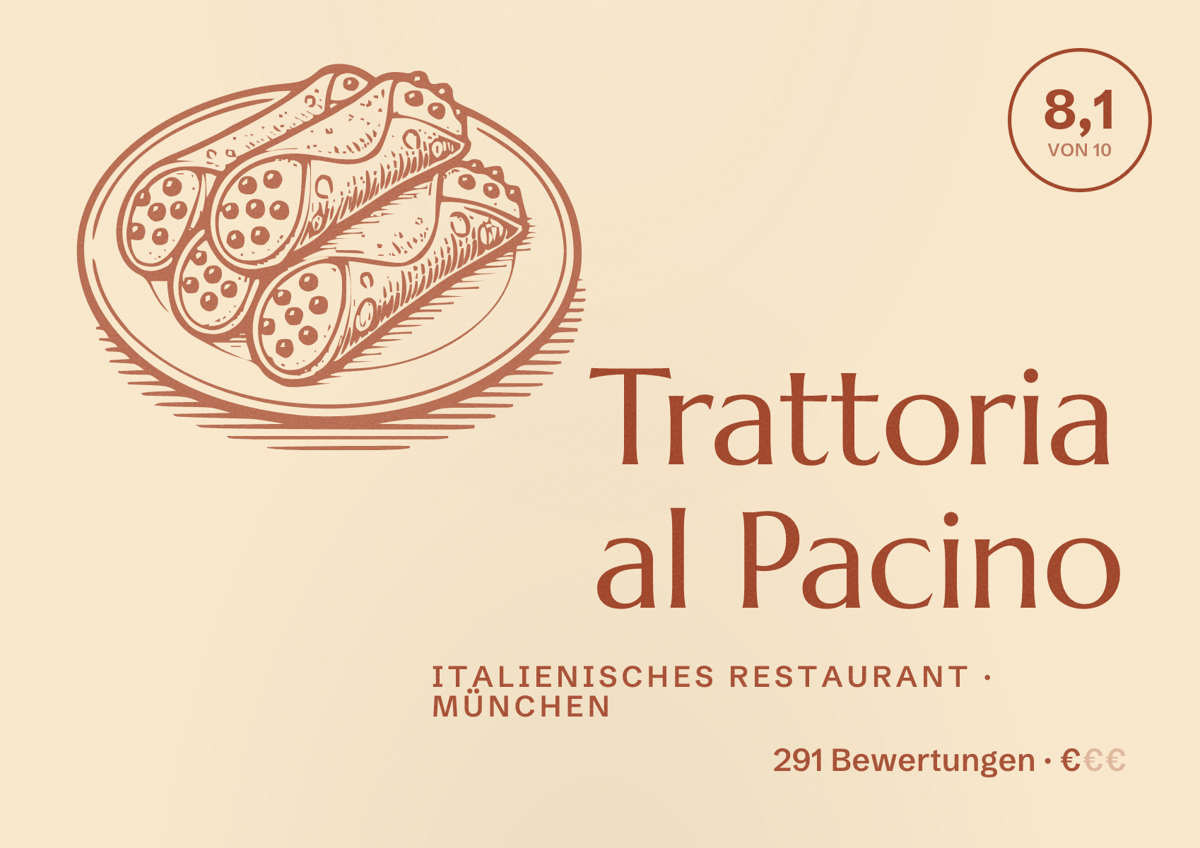 Illustriertes Poster von Trattoria al Pacino, Italienisches Restaurant in München: Bewertung 8,1 von 10 aus 291 Bewertungen, Preisniveau €