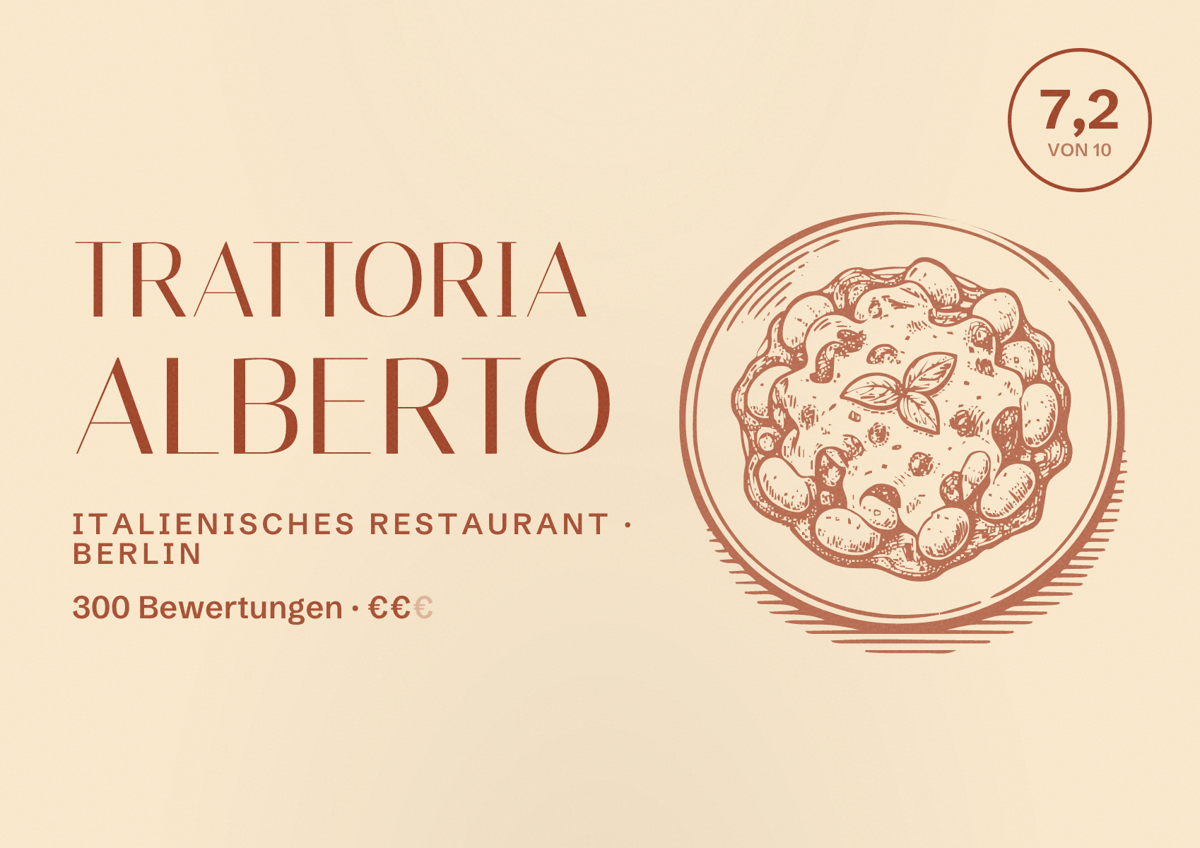Illustriertes Poster von Trattoria Alberto, Italienisches Restaurant in Berlin: Bewertung 7,2 von 10 aus 300 Bewertungen, Preisniveau €€