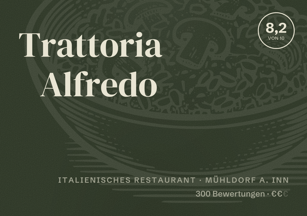 Illustriertes Poster von Trattoria Alfredo, Italienisches Restaurant in Mühldorf a. Inn: Bewertung 8,2 von 10 aus 300 Bewertungen, Preisniveau €€