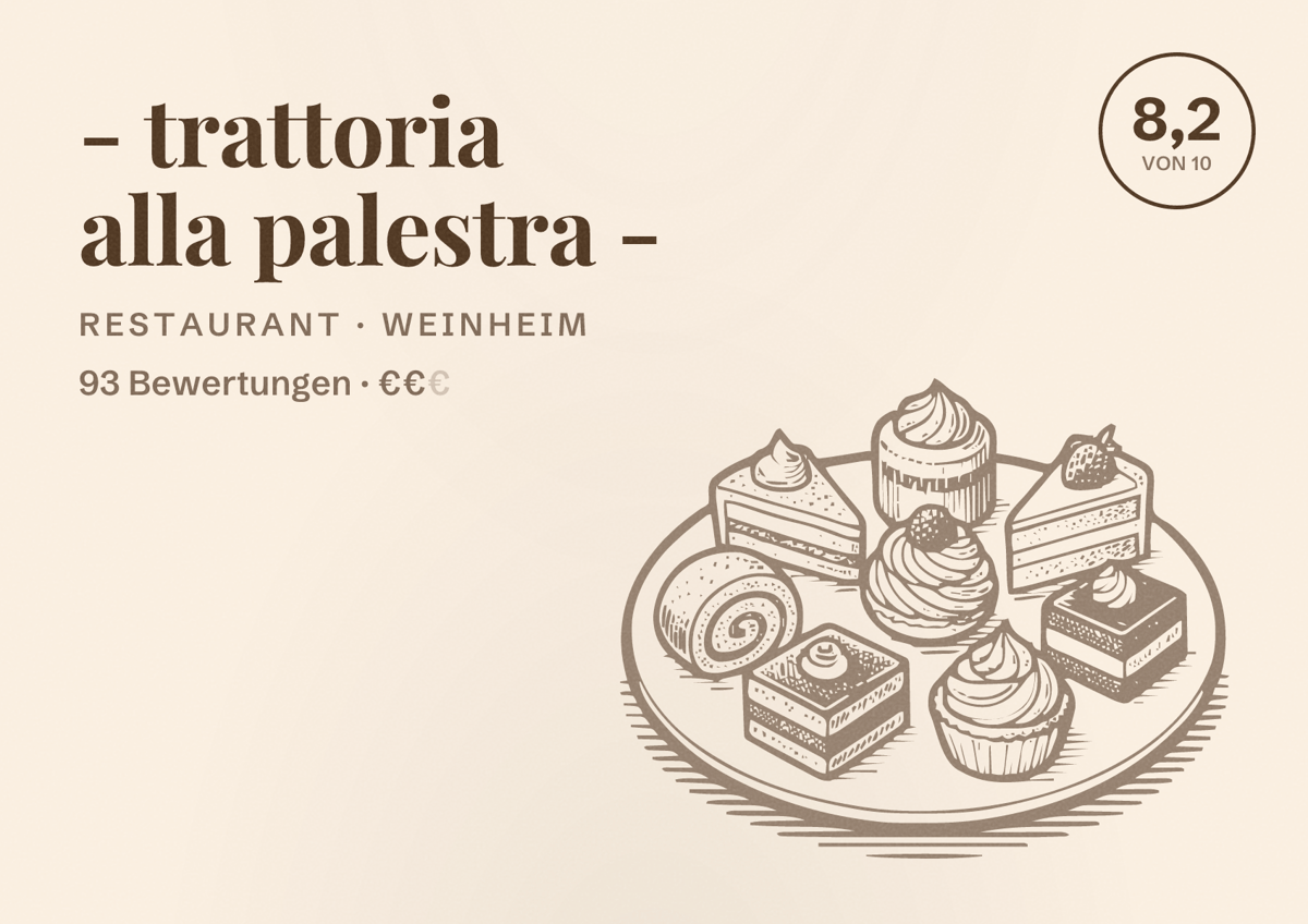 Illustriertes Poster von - trattoria alla palestra -, Restaurant in Weinheim: Bewertung 8,2 von 10 aus 93 Bewertungen, Preisniveau €€