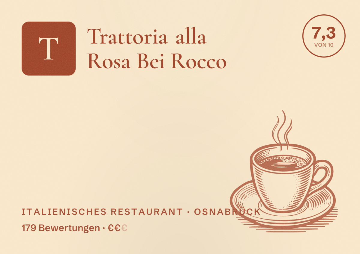Illustriertes Poster von Trattoria alla Rosa Bei Rocco, Italienisches Restaurant in Osnabrück: Bewertung 7,3 von 10 aus 179 Bewertungen, Preisniveau €€