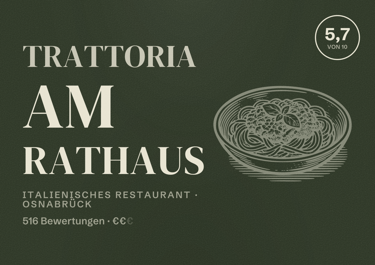Illustriertes Poster von Trattoria Am Rathaus, Italienisches Restaurant in Osnabrück: Gästebewertung 5,7 von 10 aus 516 Bewertungen