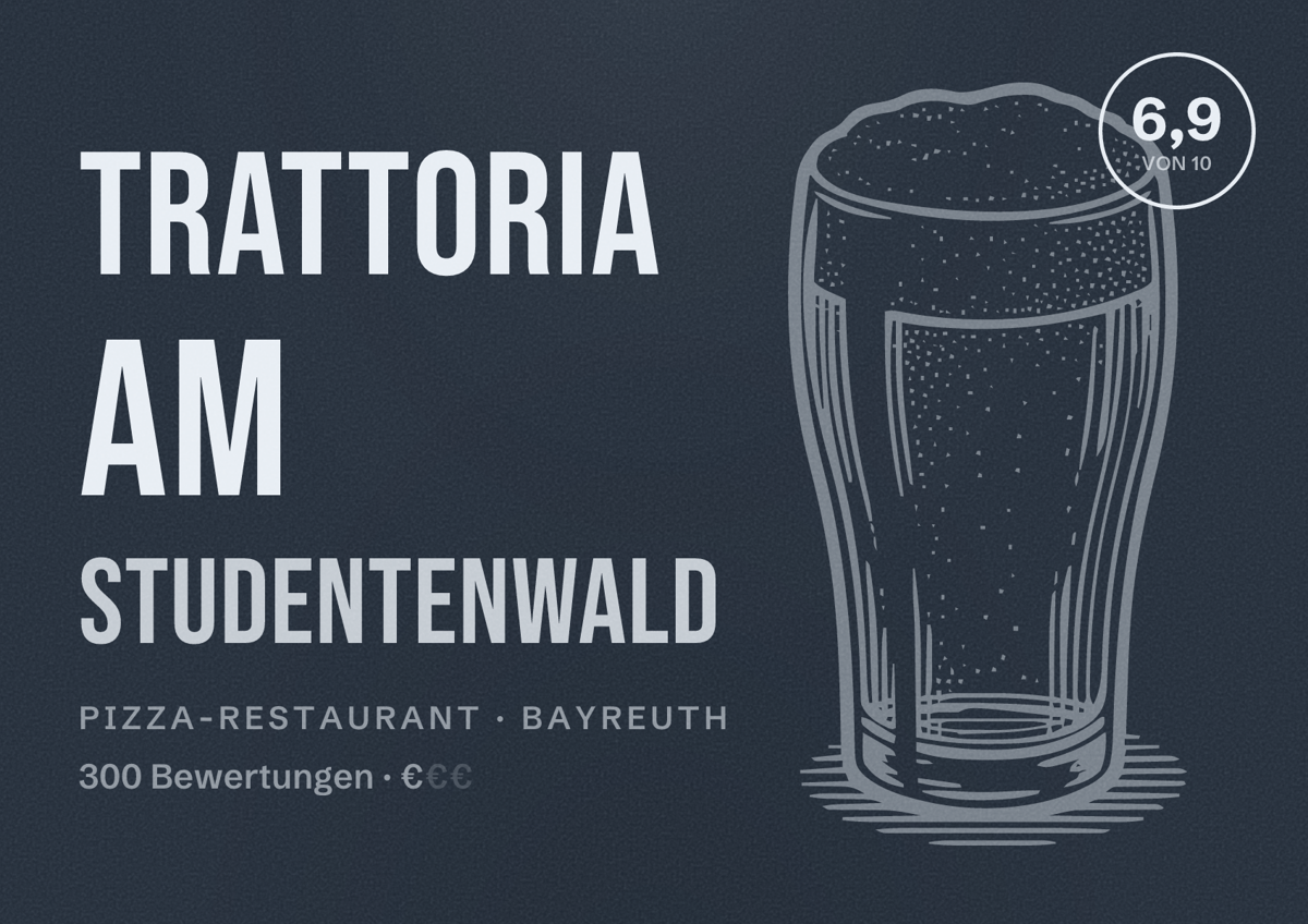 Illustriertes Poster von Trattoria am Studentenwald, Pizza-Restaurant in Bayreuth: Bewertung 6,9 von 10 aus 300 Bewertungen, Preisniveau €