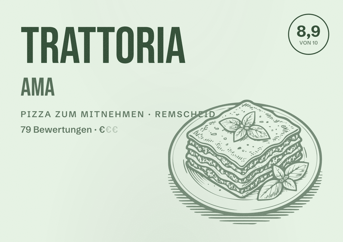 Illustriertes Poster von Trattoria AMA, Pizza zum Mitnehmen in Remscheid: Bewertung 8,9 von 10 aus 79 Bewertungen, Preisniveau €