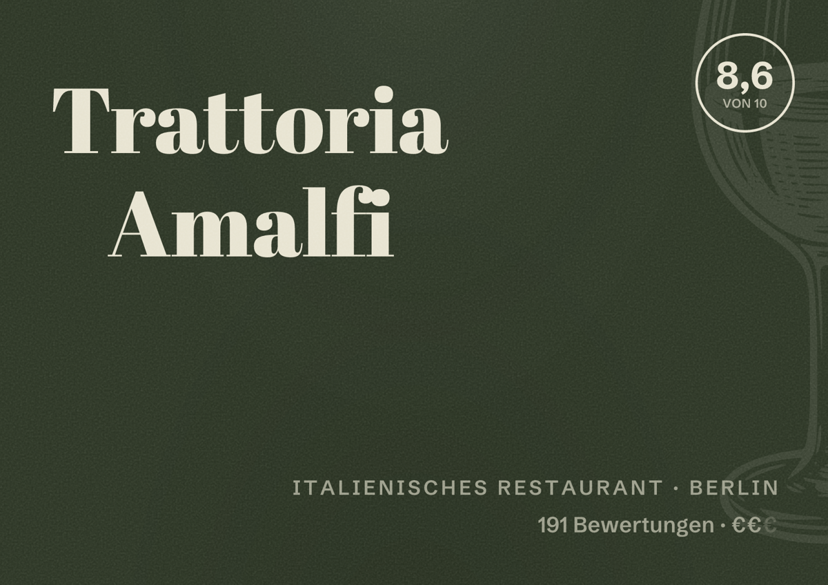 Illustriertes Poster von Trattoria Amalfi, Italienisches Restaurant in Berlin: Bewertung 8,6 von 10 aus 191 Bewertungen, Preisniveau €€