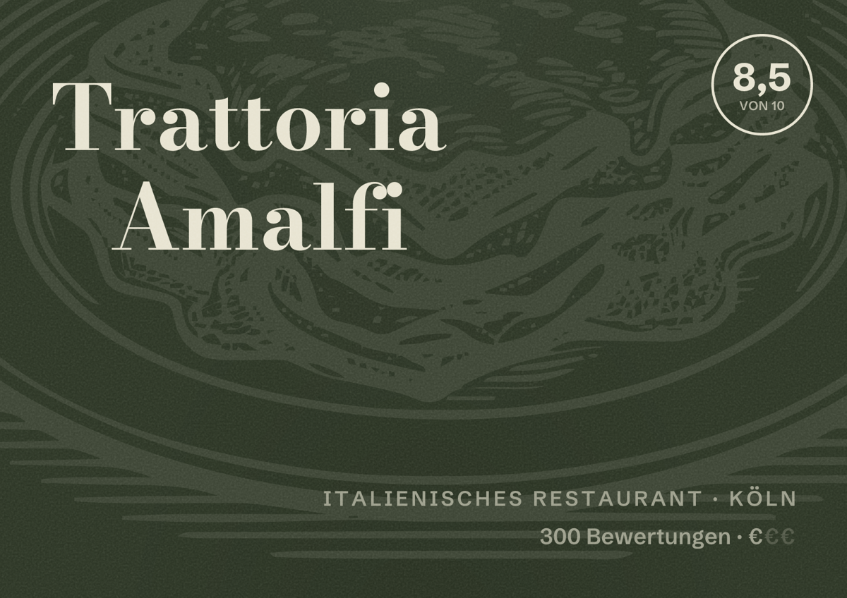 Illustriertes Poster von Trattoria Amalfi, Italienisches Restaurant in Köln: Bewertung 8,5 von 10 aus 300 Bewertungen, Preisniveau €