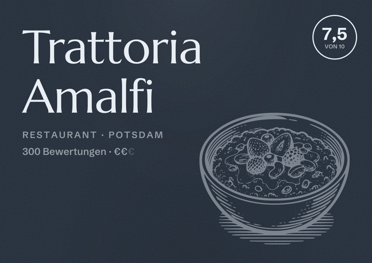Illustriertes Poster von Trattoria Amalfi, Restaurant in Potsdam: Bewertung 7,5 von 10 aus 300 Bewertungen, Preisniveau €€