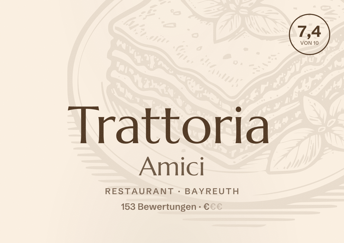 Illustriertes Poster von Trattoria Amici, Restaurant in Bayreuth: Bewertung 7,4 von 10 aus 153 Bewertungen, Preisniveau €