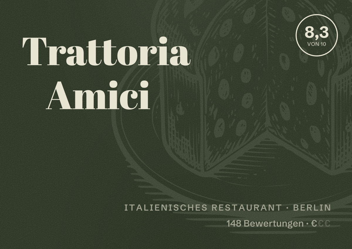 Illustriertes Poster von Trattoria Amici, Italienisches Restaurant in Berlin: Bewertung 8,3 von 10 aus 148 Bewertungen, Preisniveau €