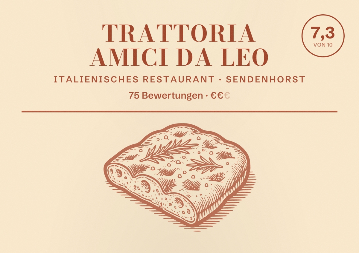 Illustriertes Poster von Trattoria Amici da Leo, Italienisches Restaurant in Sendenhorst: Bewertung 7,3 von 10 aus 75 Bewertungen, Preisniveau €€