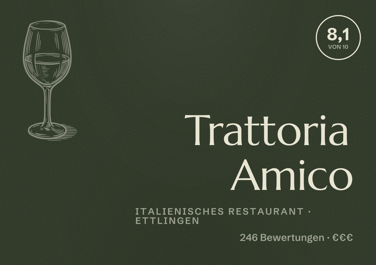 Illustriertes Poster von Trattoria Amico, Italienisches Restaurant in Ettlingen: Bewertung 8,1 von 10 aus 246 Bewertungen, Preisniveau €€€