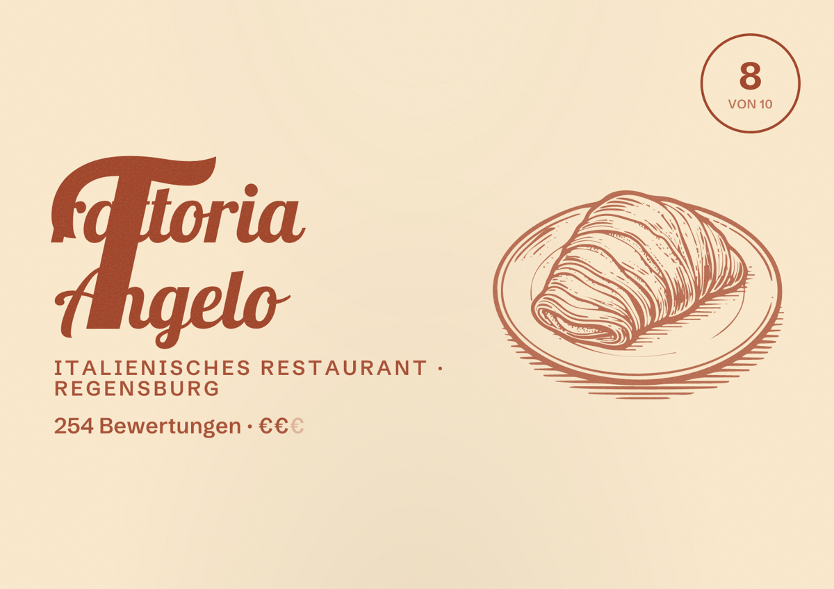 Illustriertes Poster von Trattoria Angelo, Italienisches Restaurant in Regensburg: Bewertung 8,0 von 10 aus 254 Bewertungen, Preisniveau €€