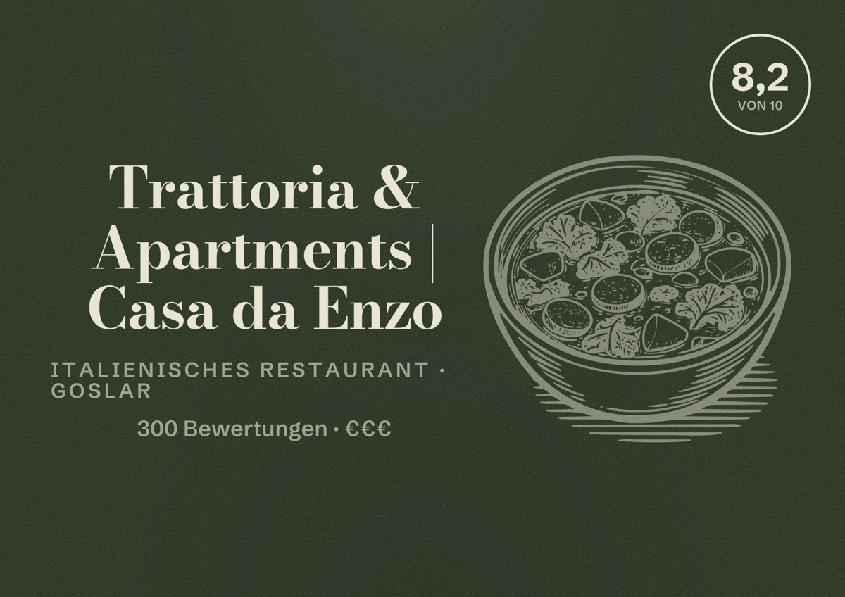 Illustriertes Poster von Trattoria & Apartments | Casa da Enzo, Italienisches Restaurant in Goslar: Bewertung 8,2 von 10 aus 300 Bewertungen, Preisniveau €€€
