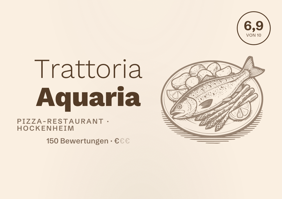Illustriertes Poster von Trattoria Aquaria, Pizza-Restaurant in Hockenheim: Bewertung 6,9 von 10 aus 150 Bewertungen, Preisniveau €