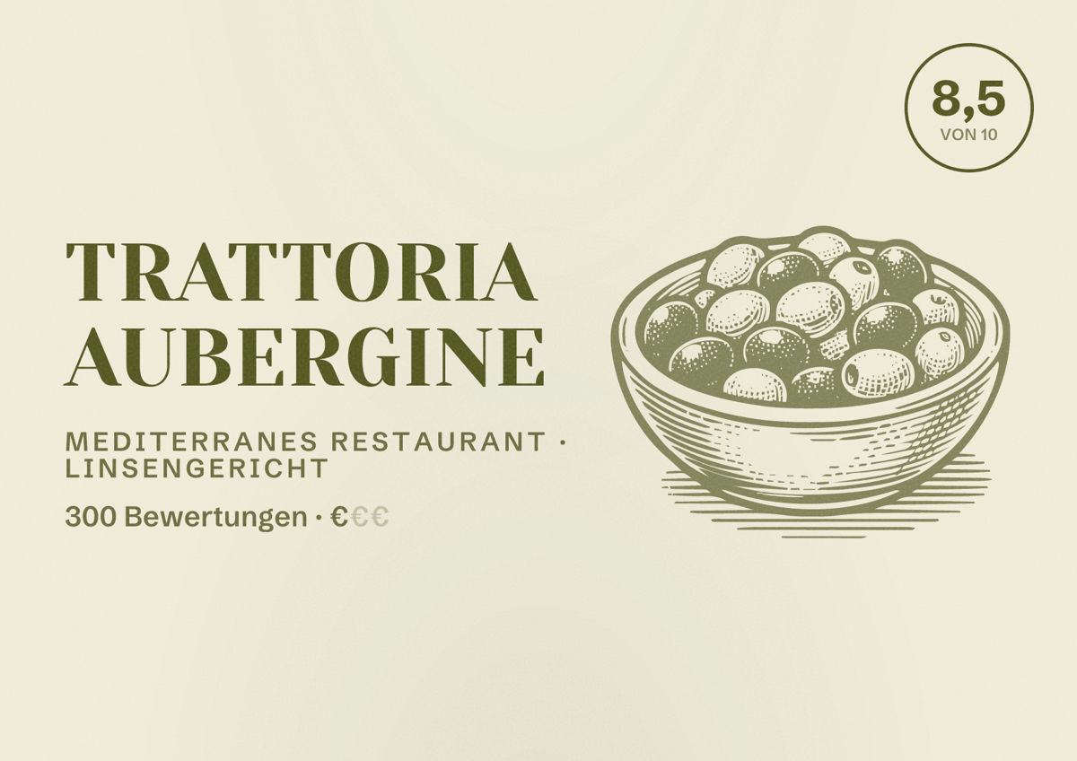 Illustriertes Poster von Trattoria Aubergine, Mediterranes Restaurant in Linsengericht: Bewertung 8,5 von 10 aus 300 Bewertungen, Preisniveau €
