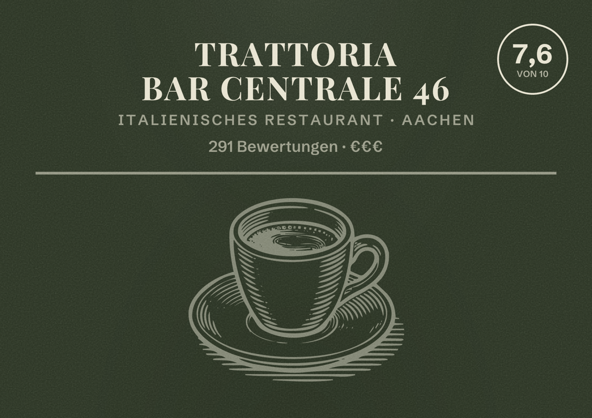 Illustriertes Poster von Trattoria Bar Centrale 46, Italienisches Restaurant in Aachen: Bewertung 7,6 von 10 aus 291 Bewertungen, Preisniveau €€€