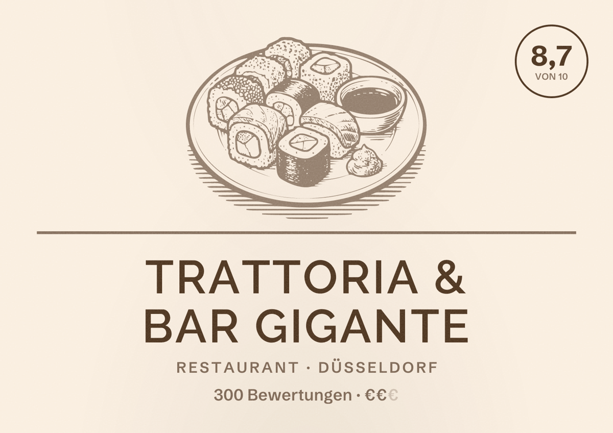Illustriertes Poster von Trattoria & Bar Gigante, Restaurant in Düsseldorf: Bewertung 8,7 von 10 aus 300 Bewertungen, Preisniveau €€