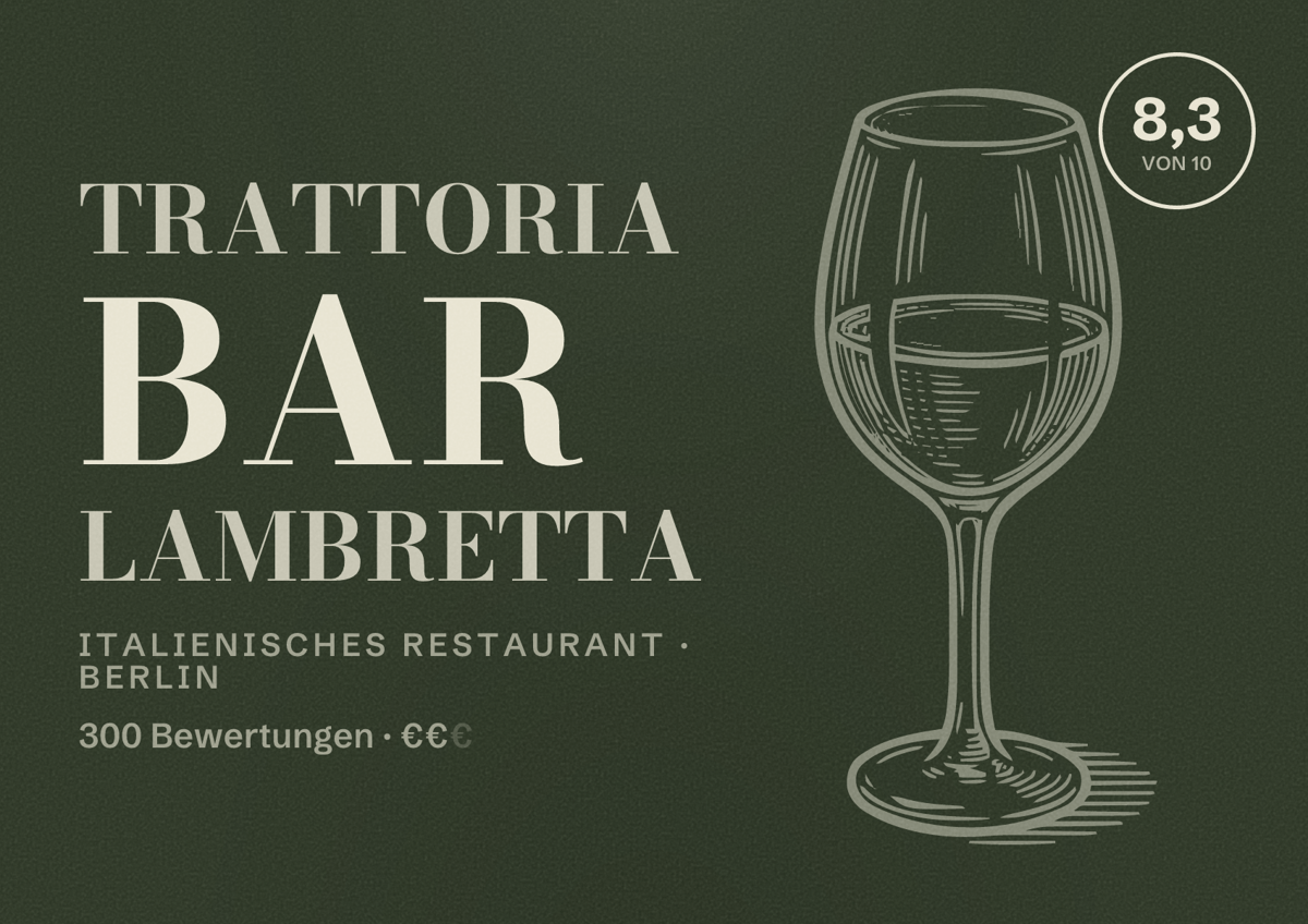 Illustriertes Poster von Trattoria bar Lambretta, Italienisches Restaurant in Berlin: Bewertung 8,3 von 10 aus 300 Bewertungen, Preisniveau €€