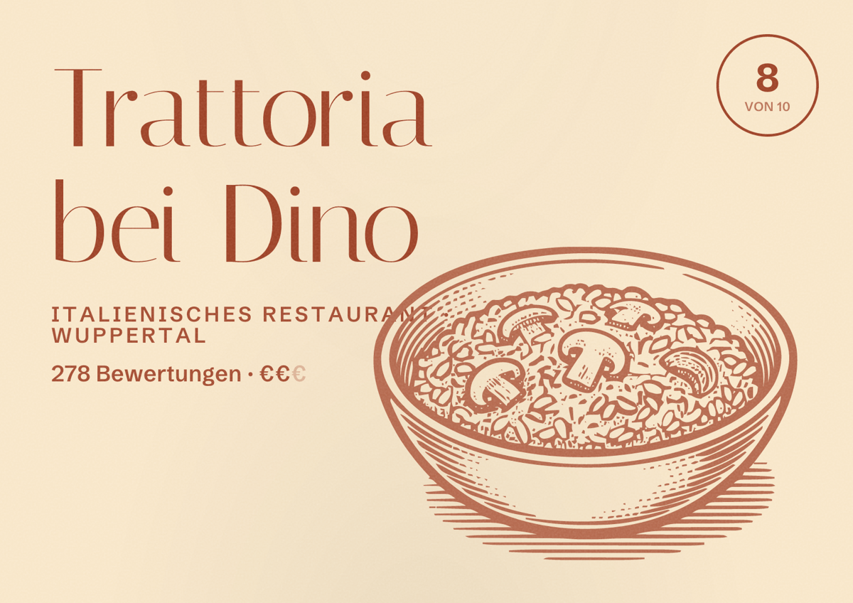 Illustriertes Poster von Trattoria bei Dino, Italienisches Restaurant in Wuppertal: Bewertung 8 von 10 aus 278 Bewertungen, Preisniveau €€