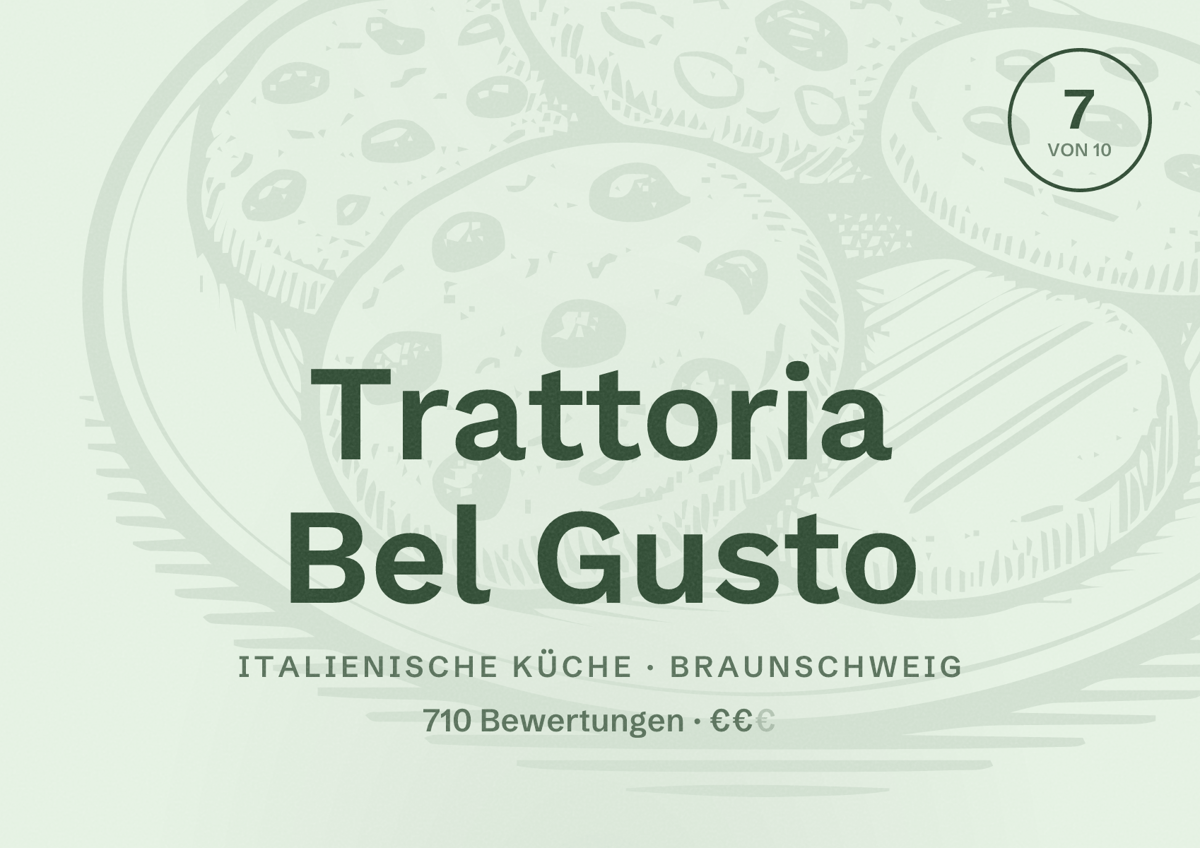 Illustriertes Poster von Trattoria Bel Gusto, Italienische Küche in Braunschweig: Gästebewertung 7 von 10 aus 710 Bewertungen