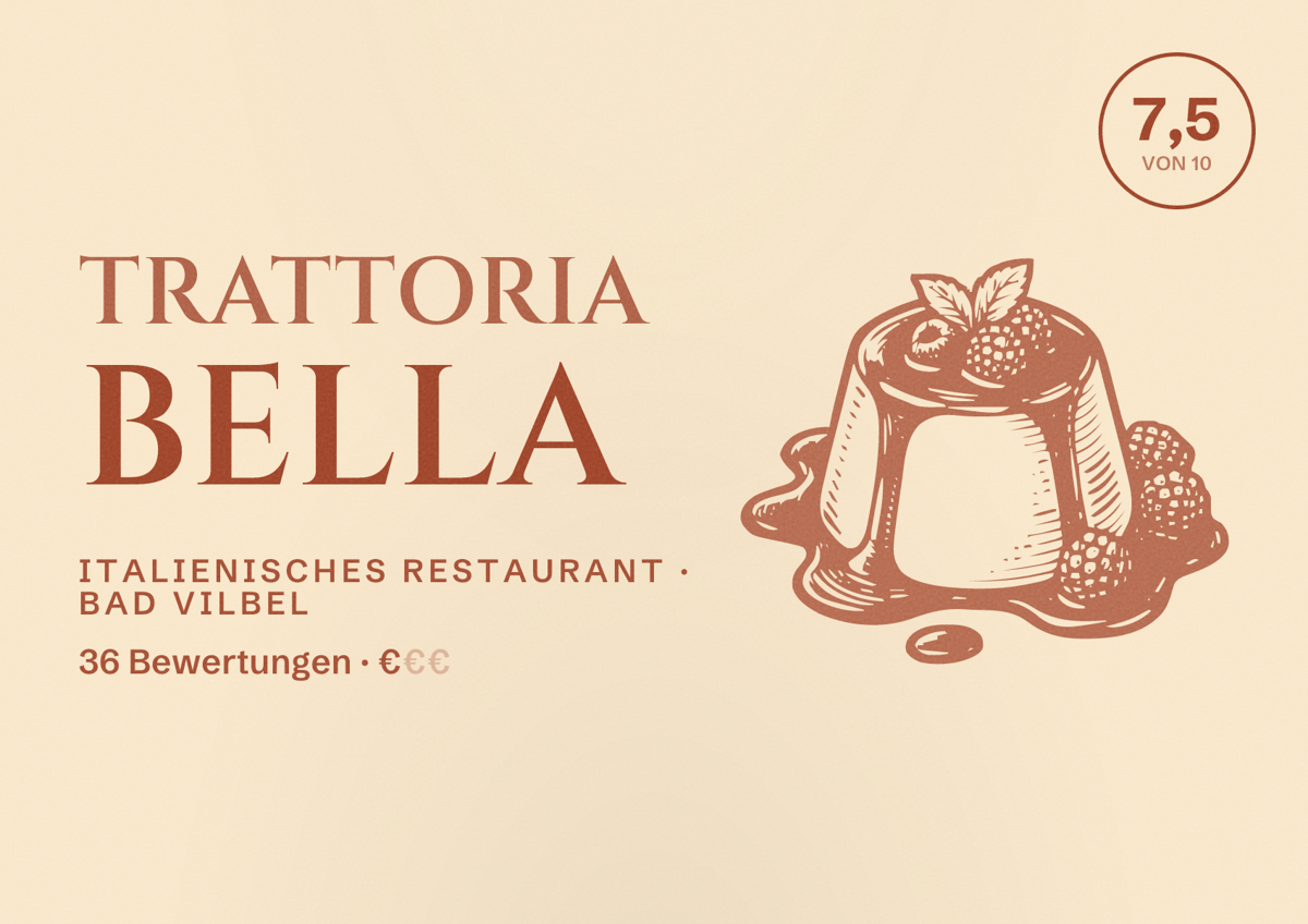 Illustriertes Poster von Trattoria Bella, Italienisches Restaurant in Bad Vilbel: Bewertung 7,5 von 10 aus 36 Bewertungen, Preisniveau €