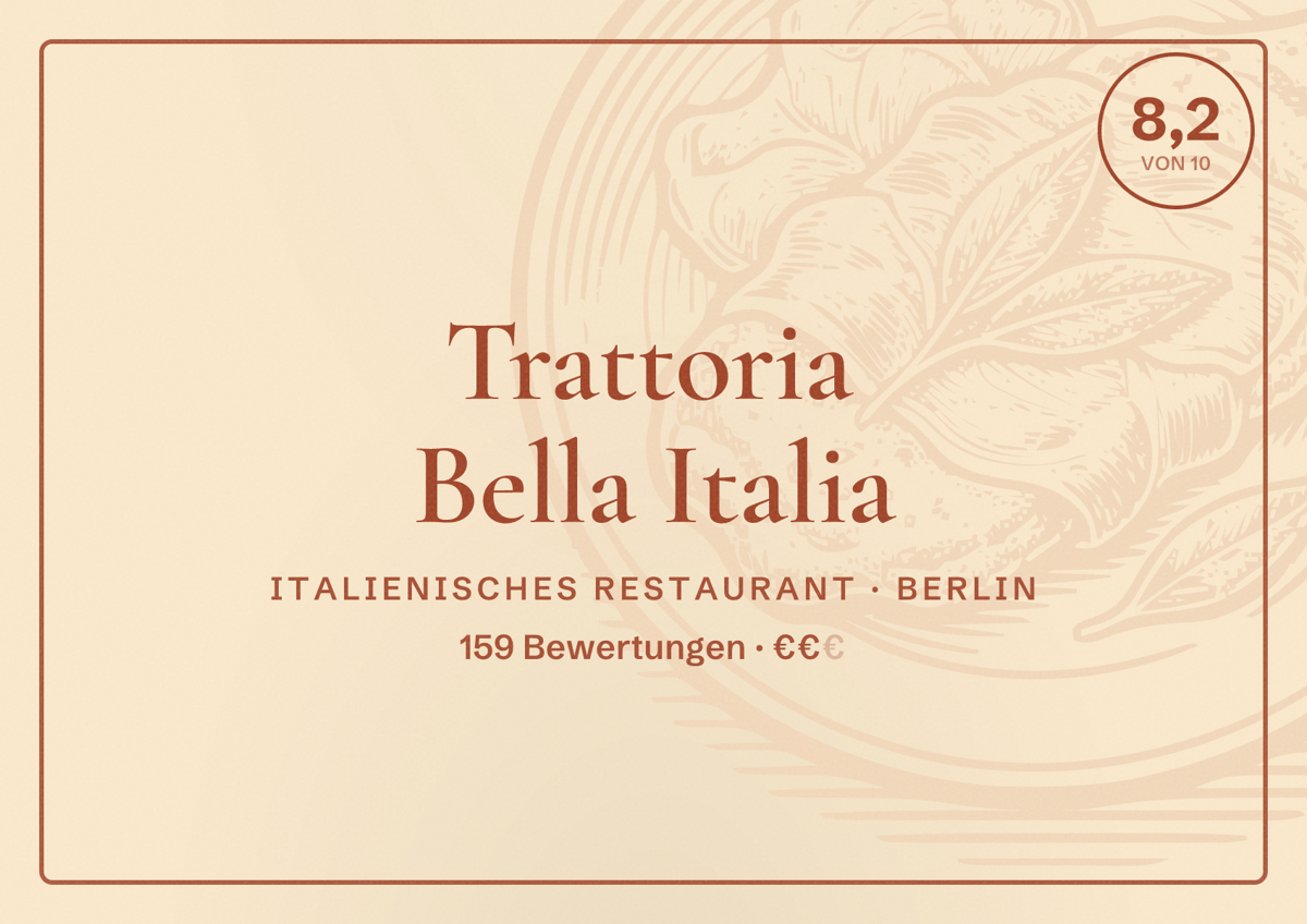 Illustriertes Poster von Trattoria Bella Italia, Italienisches Restaurant in Berlin: Bewertung 8,2 von 10 aus 159 Bewertungen, Preisniveau €€