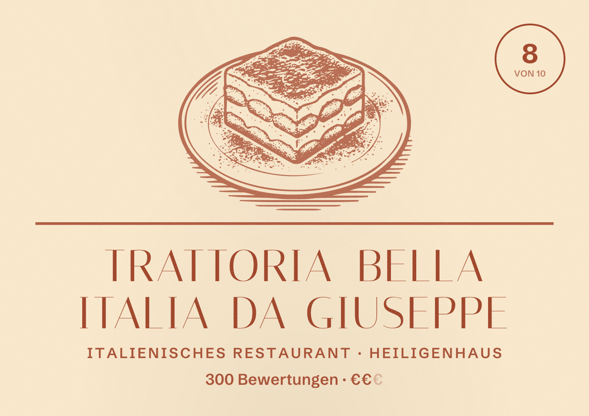 Illustriertes Poster von Trattoria Bella Italia da Giuseppe, Italienisches Restaurant in Heiligenhaus: Bewertung 8 von 10 aus 300 Bewertungen, Preisniveau €€