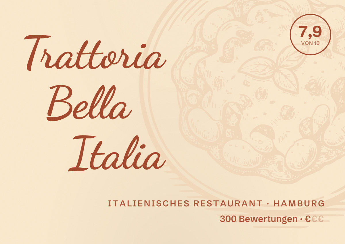 Illustriertes Poster von Trattoria Bella Italia, Italienisches Restaurant in Hamburg: Bewertung 7,9 von 10 aus 300 Bewertungen, Preisniveau €
