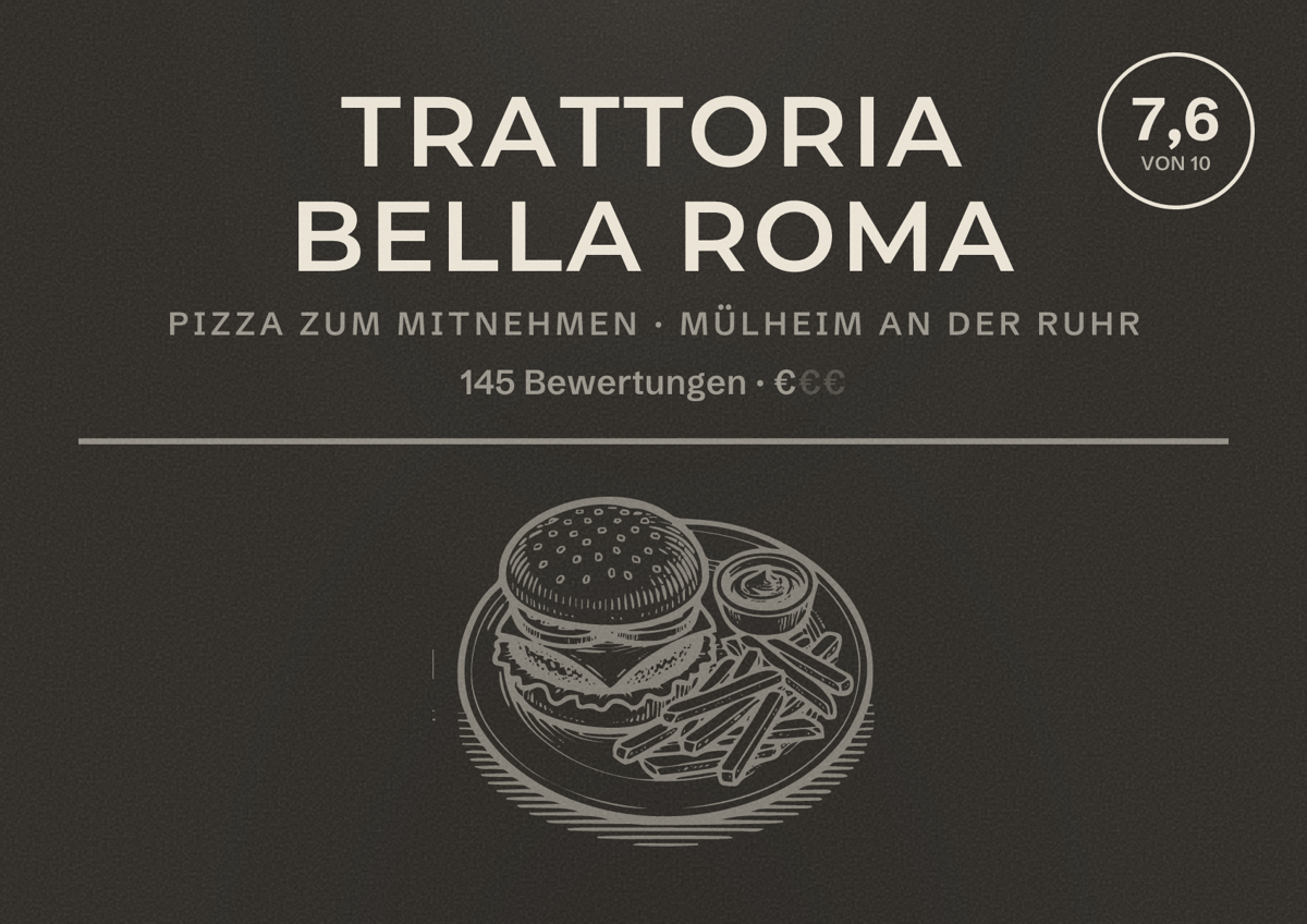Illustriertes Poster von Trattoria Bella Roma, Pizza zum Mitnehmen in Mülheim an der Ruhr: Bewertung 7,6 von 10 aus 145 Bewertungen, Preisniveau €