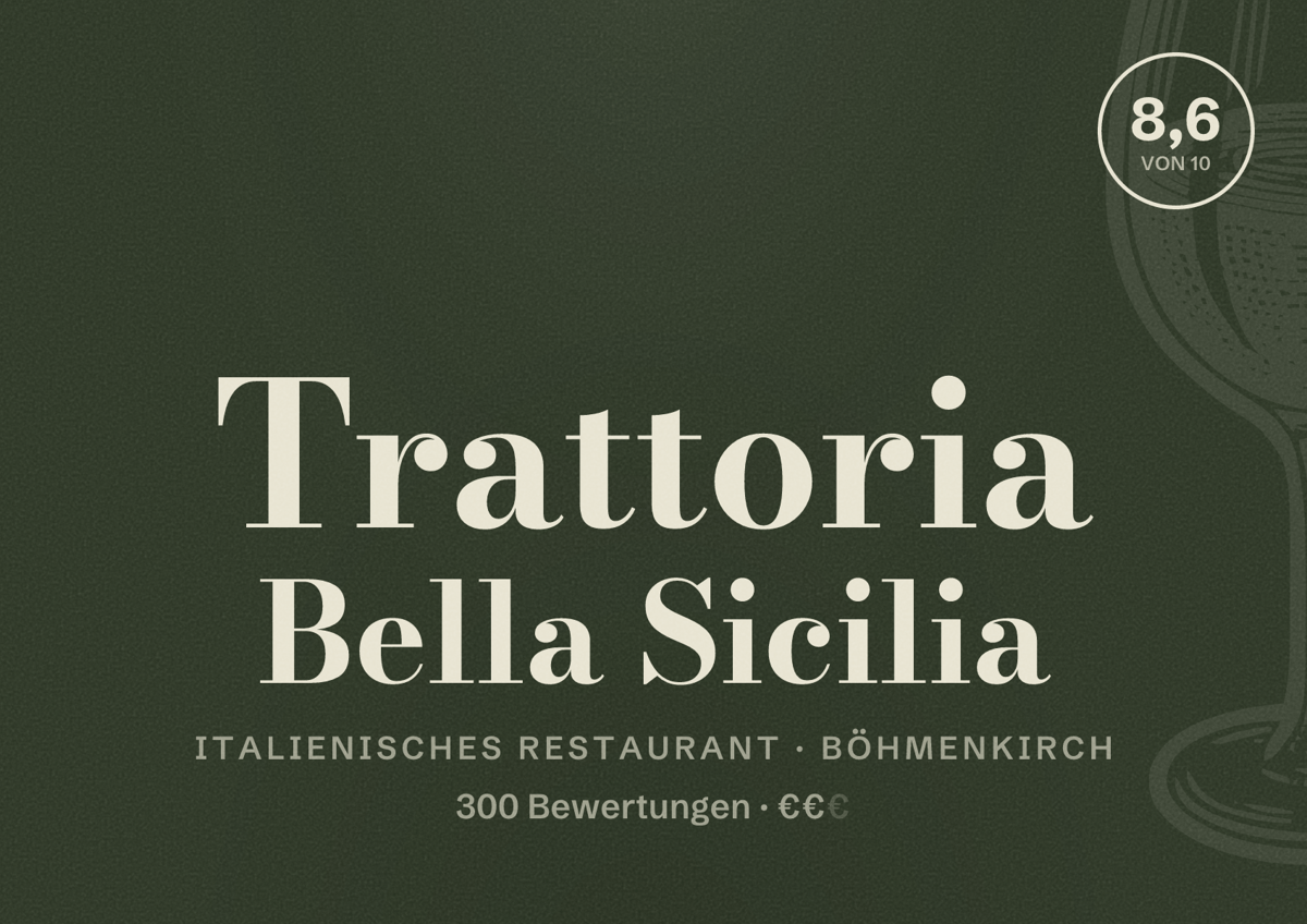 Illustriertes Poster von Trattoria Bella Sicilia, Italienisches Restaurant in Böhmenkirch: Bewertung 8,6 von 10 aus 300 Bewertungen, Preisniveau €€