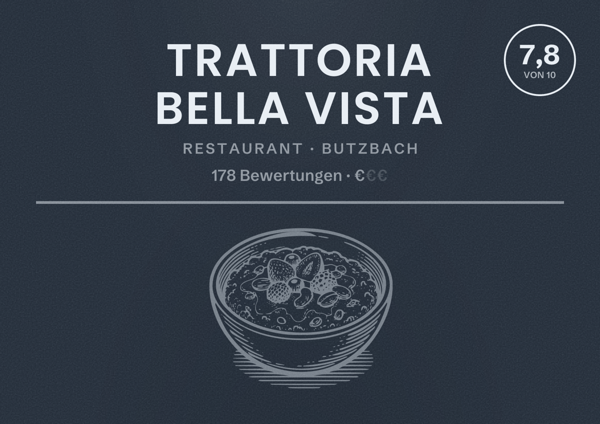 Illustriertes Poster von Trattoria Bella Vista, Restaurant in Butzbach: Bewertung 7,8 von 10 aus 178 Bewertungen, Preisniveau €