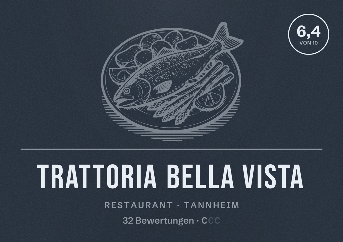 Illustriertes Poster von Trattoria Bella Vista, Restaurant in Tannheim: Bewertung 6,4 von 10 aus 32 Bewertungen, Preisniveau €