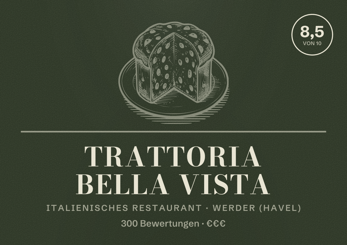 Illustriertes Poster von Trattoria Bella Vista, Italienisches Restaurant in Werder (Havel): Bewertung 8,5 von 10 aus 300 Bewertungen, Preisniveau €€€