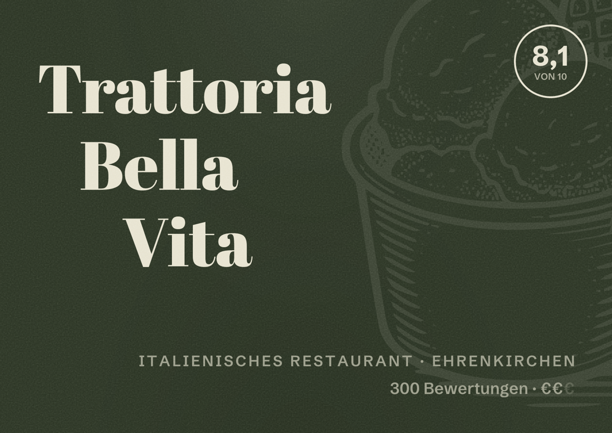 Illustriertes Poster von Trattoria Bella Vita, Italienisches Restaurant in Ehrenkirchen: Bewertung 8,1 von 10 aus 300 Bewertungen, Preisniveau €€