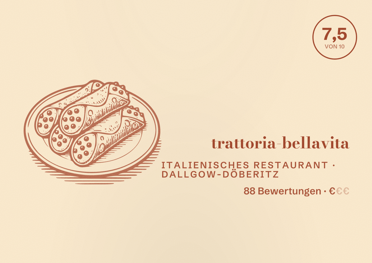 Illustriertes Poster von trattoria-bellavita, Italienisches Restaurant in Dallgow-Döberitz: Bewertung 7,5 von 10 aus 88 Bewertungen, Preisniveau €