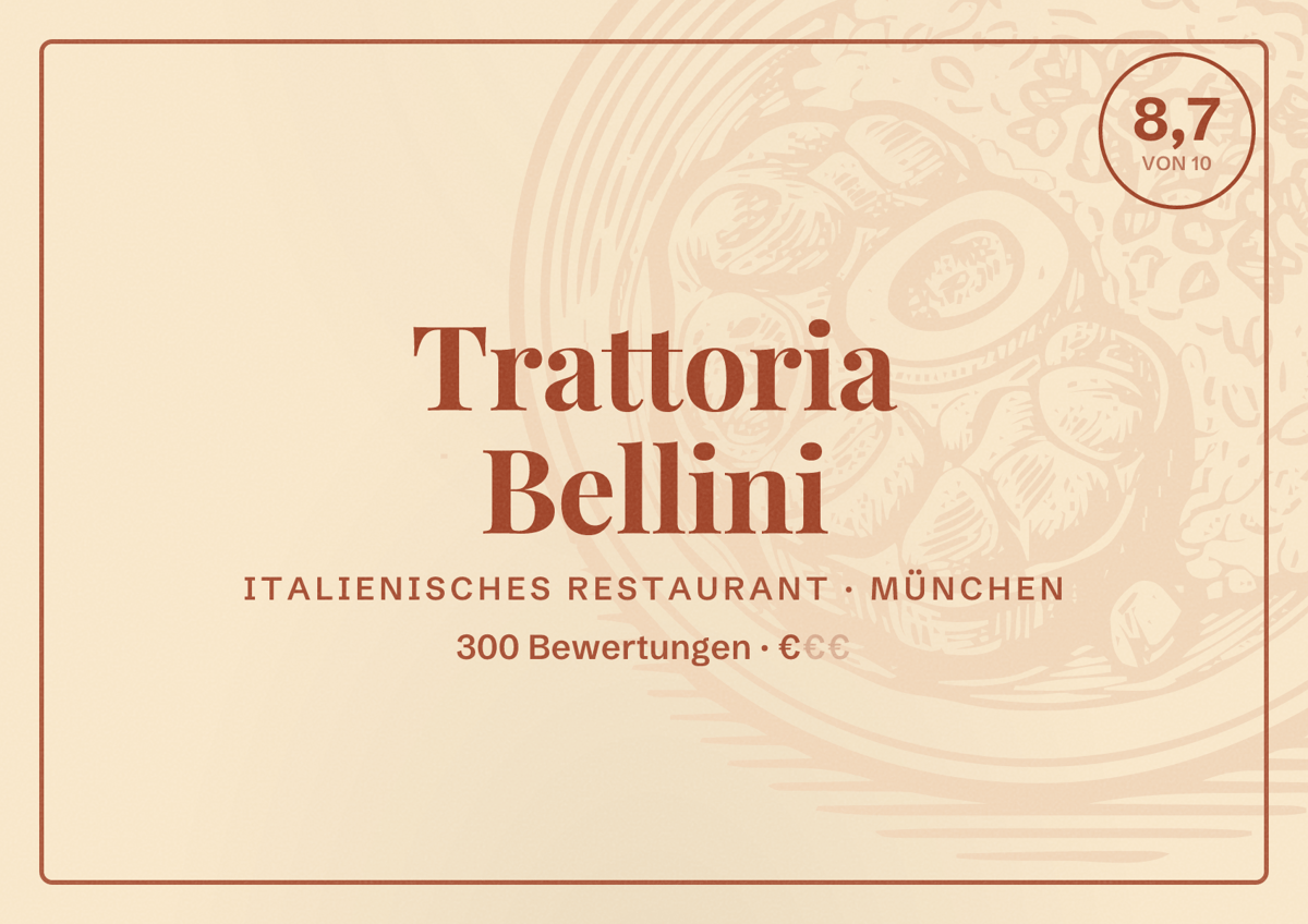 Illustriertes Poster von Trattoria Bellini, Italienisches Restaurant in München: Bewertung 8,7 von 10 aus 300 Bewertungen, Preisniveau €